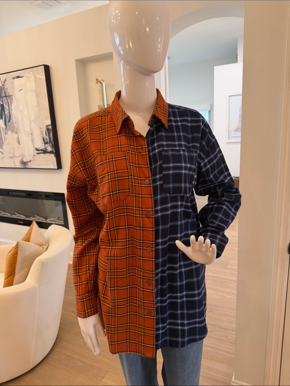 Peace Love World Two-Tone Orange & Navy Plaid Button-Down Shirt